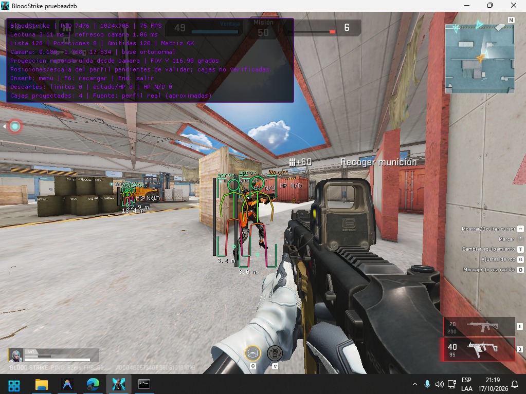 Captura de referencia del overlay de BloodStrike External; la interfaz puede variar según la versión.